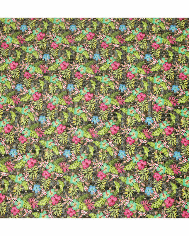 Dark Green Multicolor Tropical Floral Printed Cotton Satin Fabric 110 Cms Width India-D27826 Regal Fabrics
