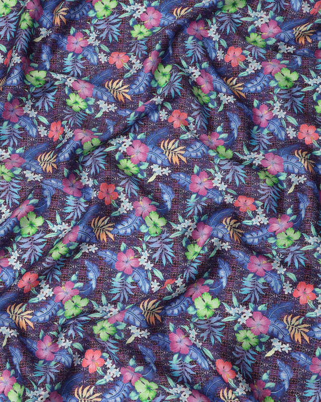 Purple Multicolor Tropical Floral Printed Cotton Satin Fabric 110 Cms Width India-D27825 - Regal Fabrics