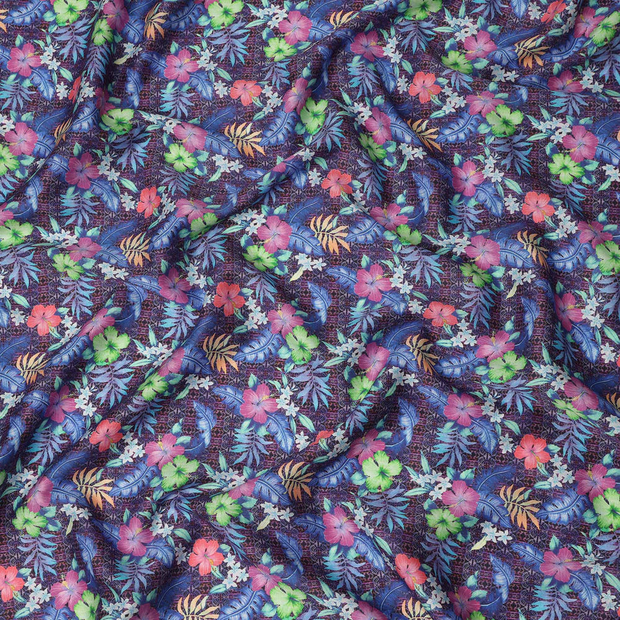 Purple Multicolor Tropical Floral Printed Cotton Satin Fabric 110 Cms Width India-D27825 - Regal Fabrics