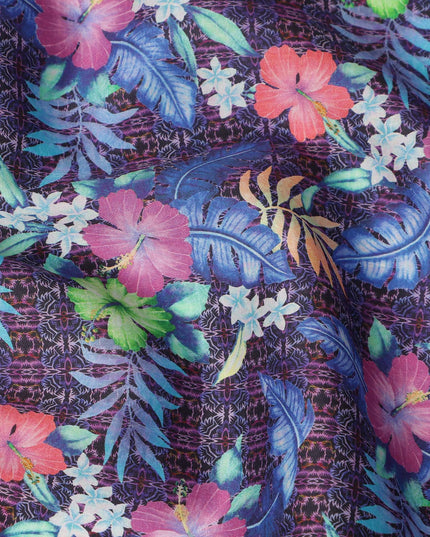 Purple Multicolor Tropical Floral Printed Cotton Satin Fabric 110 Cms Width India-D27825 - Regal Fabrics