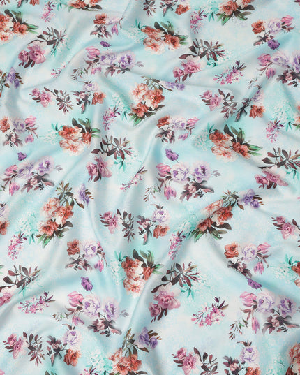 Sky Blue Floral Printed Cotton Satin Fabric 110 Cms Width Soft Smooth Finish Lightweight Dress Material India-D27885 Regal Fabrics