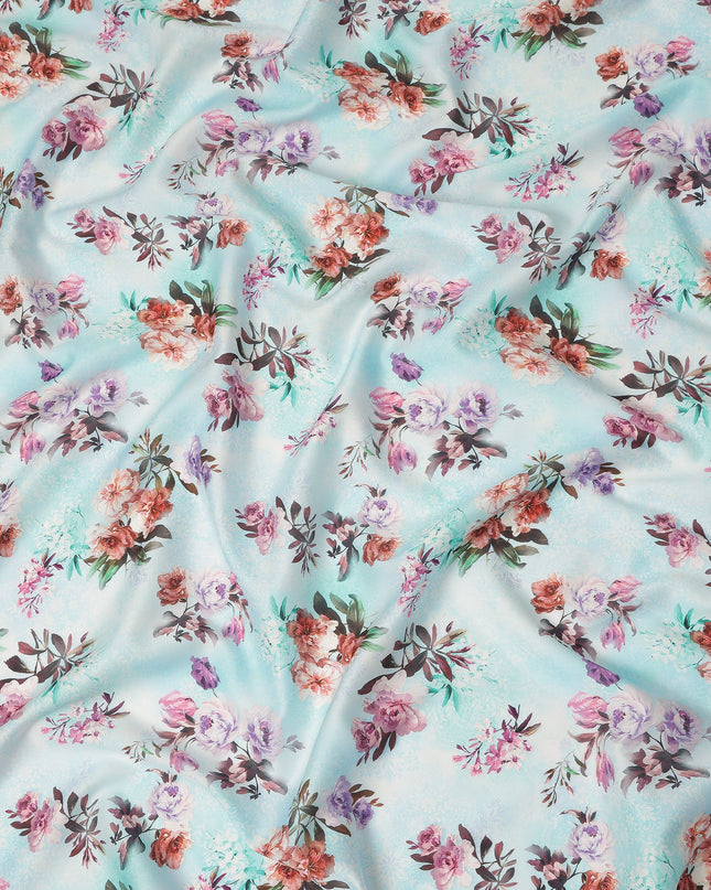 Sky Blue Floral Printed Cotton Satin Fabric 110 Cms Width Soft Smooth Finish Lightweight Dress Material India-D27885