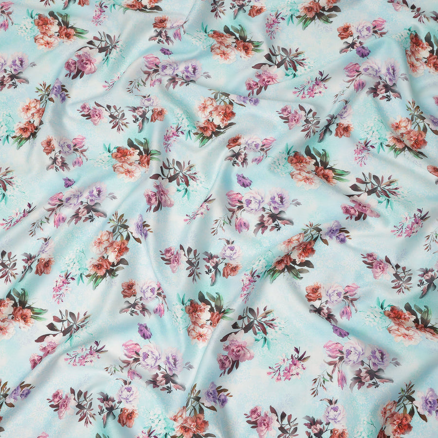 Sky Blue Floral Printed Cotton Satin Fabric 110 Cms Width Soft Smooth Finish Lightweight Dress Material India-D27885 Regal Fabrics