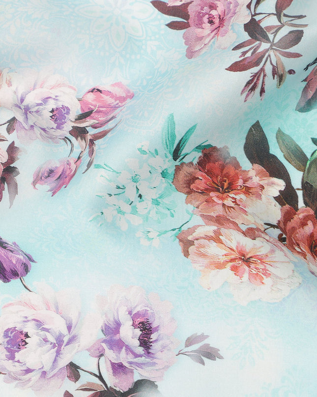 Sky Blue Floral Printed Cotton Satin Fabric 110 Cms Width Soft Smooth Finish Lightweight Dress Material India-D27885