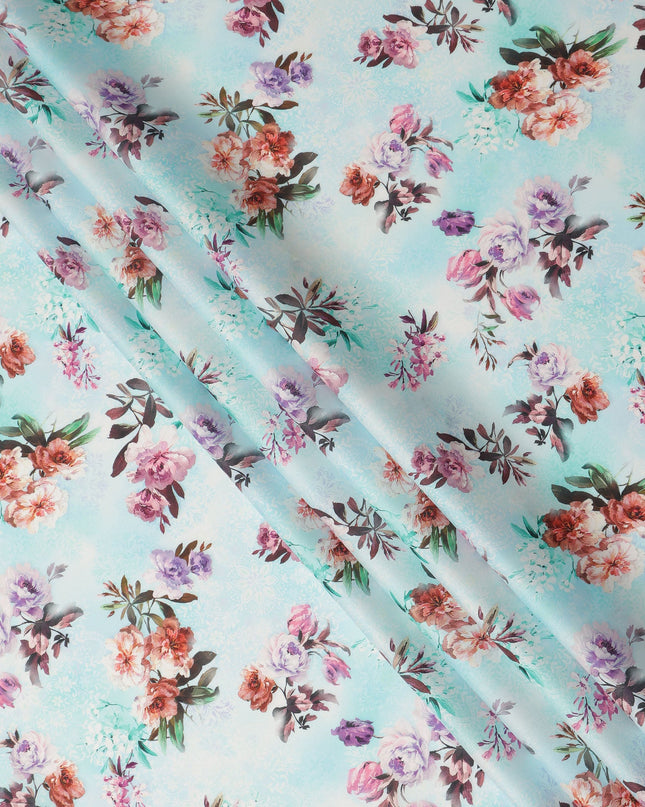 Sky Blue Floral Printed Cotton Satin Fabric 110 Cms Width Soft Smooth Finish Lightweight Dress Material India-D27885