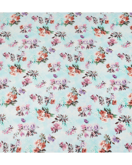 Sky Blue Floral Printed Cotton Satin Fabric 110 Cms Width Soft Smooth Finish Lightweight Dress Material India-D27885 Regal Fabrics