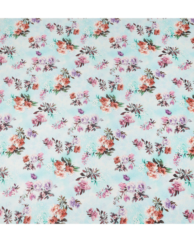 Sky Blue Floral Printed Cotton Satin Fabric 110 Cms Width Soft Smooth Finish Lightweight Dress Material India-D27885