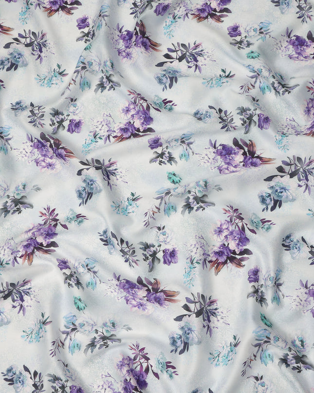 White Purple Floral Printed Cotton Satin Fabric 110 Cms Width India-D27828 Regal Fabrics