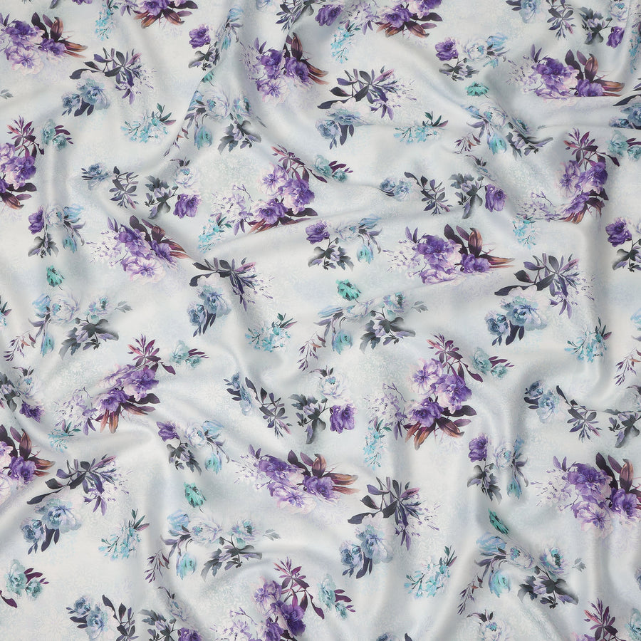 White Purple Floral Printed Cotton Satin Fabric 110 Cms Width India-D27828 Regal Fabrics