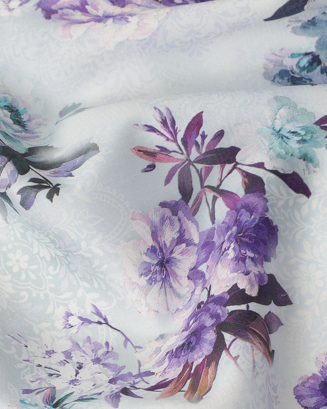 White Purple Floral Printed Cotton Satin Fabric 110 Cms Width India-D27828 Regal Fabrics