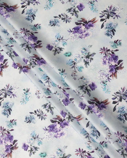 White Purple Floral Printed Cotton Satin Fabric 110 Cms Width India-D27828 Regal Fabrics