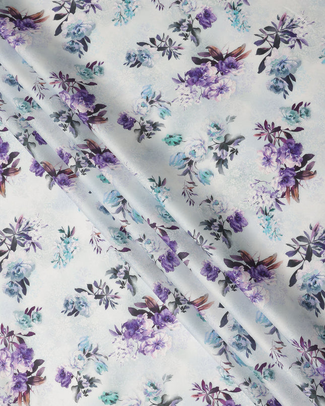 White Purple Floral Printed Cotton Satin Fabric 110 Cms Width India-D27828 Regal Fabrics