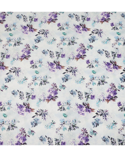 White Purple Floral Printed Cotton Satin Fabric 110 Cms Width India-D27828 Regal Fabrics