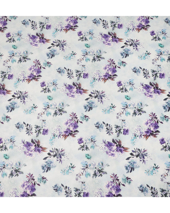 White Purple Floral Printed Cotton Satin Fabric 110 Cms Width India-D27828 Regal Fabrics