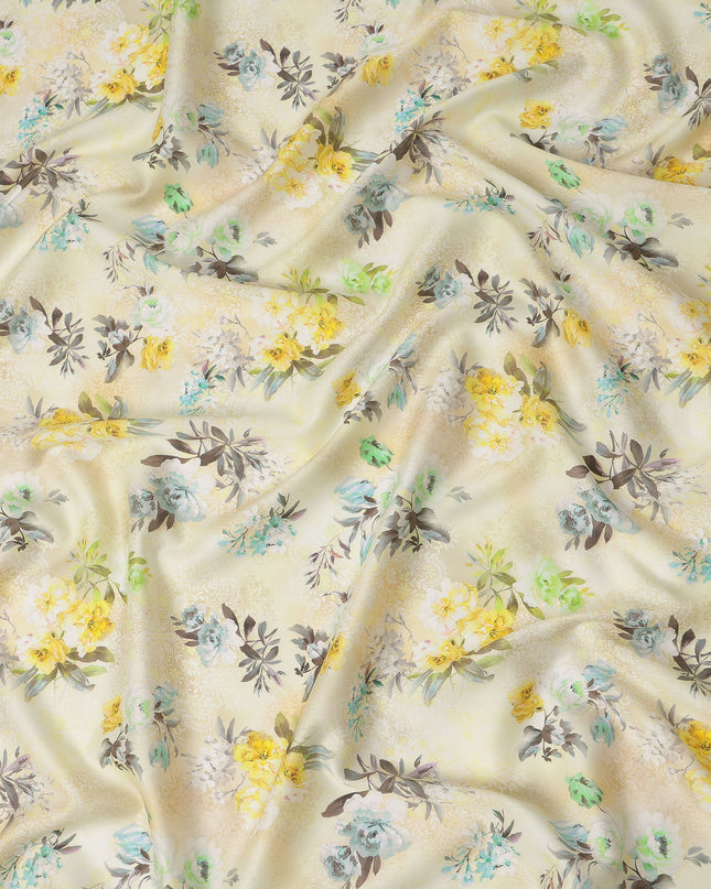 Cream Yellow Floral Printed Cotton Satin Fabric 110 Cms Width India-D27827 Regal Fabrics