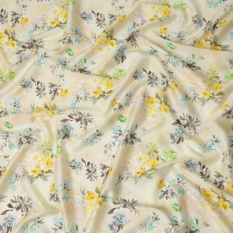 Cream Yellow Floral Printed Cotton Satin Fabric 110 Cms Width India-D27827 Regal Fabrics