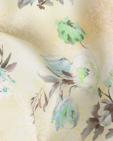 Cream Yellow Floral Printed Cotton Satin Fabric 110 Cms Width India-D27827 Regal Fabrics