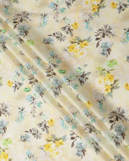 Cream Yellow Floral Printed Cotton Satin Fabric 110 Cms Width India-D27827 Regal Fabrics