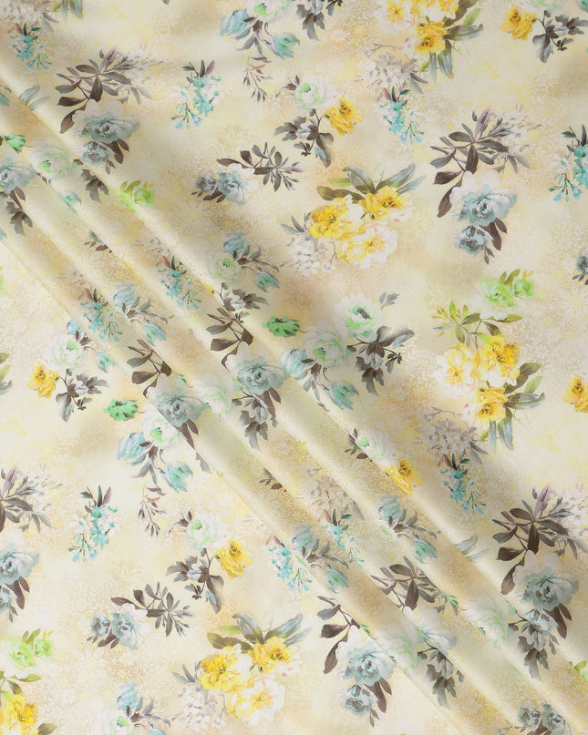Cream Yellow Floral Printed Cotton Satin Fabric 110 Cms Width India-D27827 Regal Fabrics