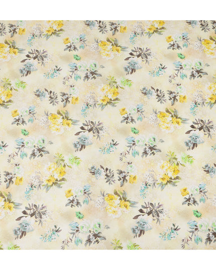 Cream Yellow Floral Printed Cotton Satin Fabric 110 Cms Width India-D27827 Regal Fabrics