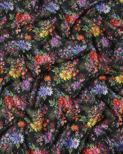 Black Multicolor Floral Printed Cotton Satin Fabric 110 Cms Width India-D27830 Regal Fabrics
