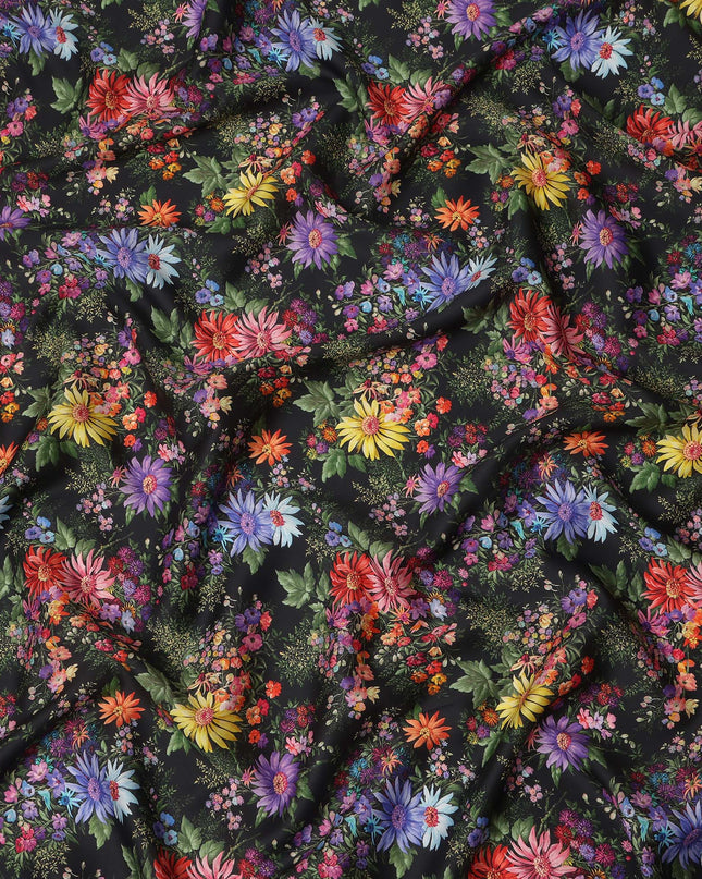Black Multicolor Floral Printed Cotton Satin Fabric 110 Cms Width India-D27830 Regal Fabrics