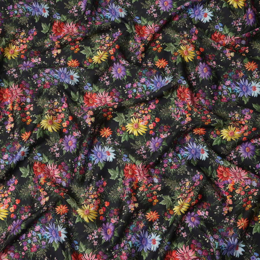 Black Multicolor Floral Printed Cotton Satin Fabric 110 Cms Width India-D27830 Regal Fabrics