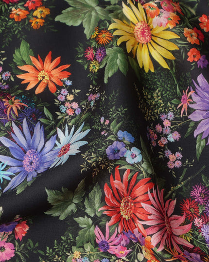 Black Multicolor Floral Printed Cotton Satin Fabric 110 Cms Width India-D27830 Regal Fabrics