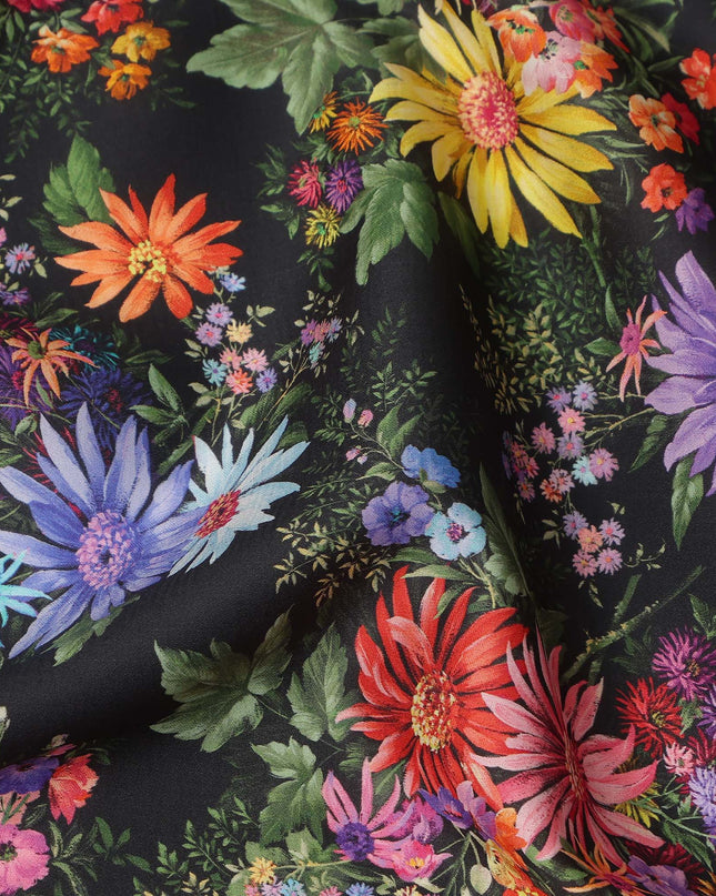 Black Multicolor Floral Printed Cotton Satin Fabric 110 Cms Width India-D27830 Regal Fabrics