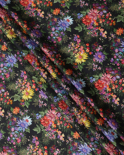 Black Multicolor Floral Printed Cotton Satin Fabric 110 Cms Width India-D27830 Regal Fabrics
