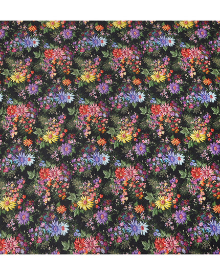 Black Multicolor Floral Printed Cotton Satin Fabric 110 Cms Width India-D27830 Regal Fabrics