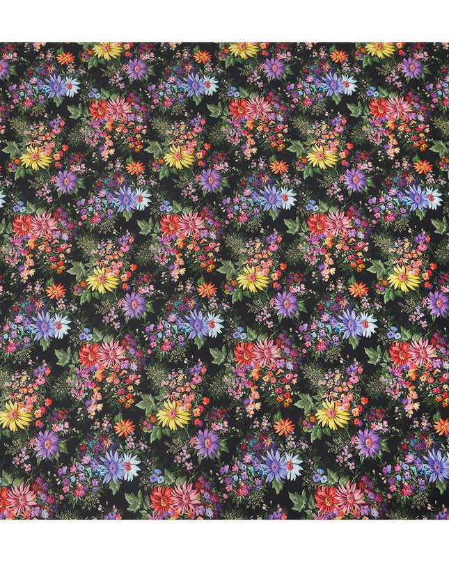 Black Multicolor Floral Printed Cotton Satin Fabric 110 Cms Width India-D27830 Regal Fabrics