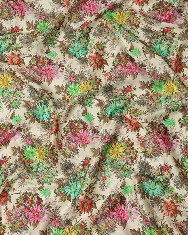 Beige Multicolor Floral Printed Cotton Satin Fabric 110 Cms Width India-D27831 Regal Fabrics
