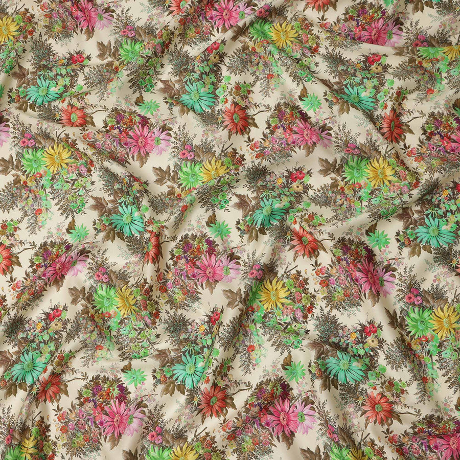 Beige Multicolor Floral Printed Cotton Satin Fabric 110 Cms Width India-D27831 Regal Fabrics