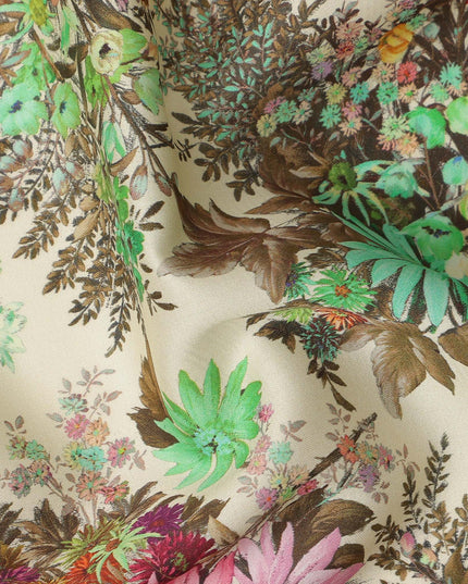 Beige Multicolor Floral Printed Cotton Satin Fabric 110 Cms Width India-D27831 Regal Fabrics