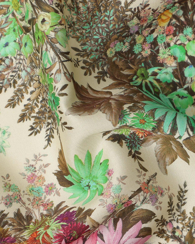Beige Multicolor Floral Printed Cotton Satin Fabric 110 Cms Width India-D27831 Regal Fabrics
