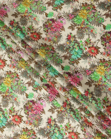Beige Multicolor Floral Printed Cotton Satin Fabric 110 Cms Width India-D27831 Regal Fabrics