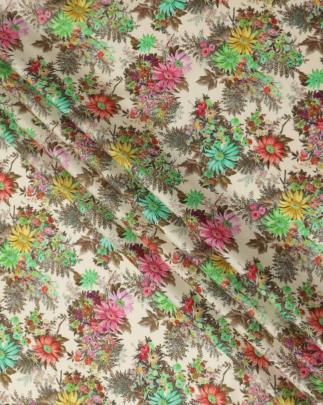 Beige Multicolor Floral Printed Cotton Satin Fabric 110 Cms Width India-D27831 Regal Fabrics