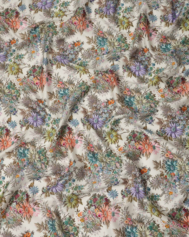 Cream Multicolor Floral Printed Cotton Satin Fabric 110 Cms Width India-D27832 Regal Fabrics
