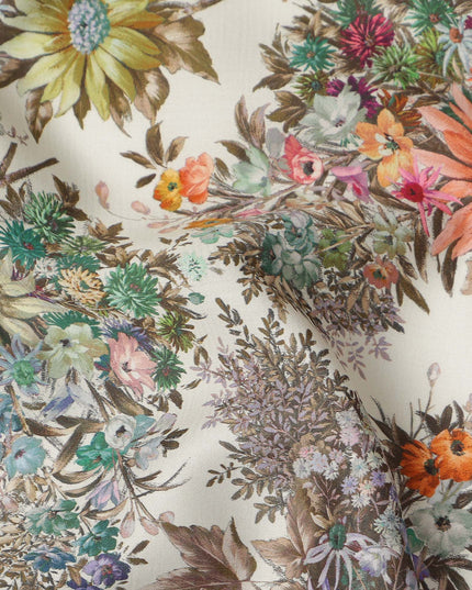 Cream Multicolor Floral Printed Cotton Satin Fabric 110 Cms Width India-D27832 Regal Fabrics