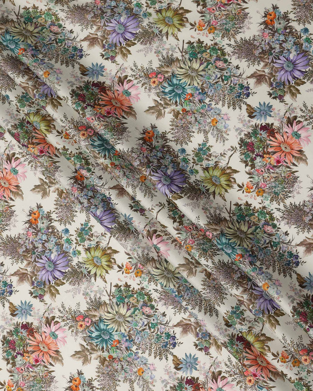 Cream Multicolor Floral Printed Cotton Satin Fabric 110 Cms Width India-D27832 Regal Fabrics