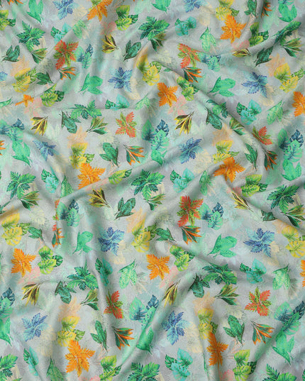 Mint Green Tropical Leaf Printed Cotton Satin Fabric 110 Cms Width India-D27822 - Regal Fabrics