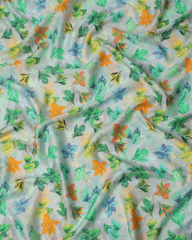 Mint Green Tropical Leaf Printed Cotton Satin Fabric 110 Cms Width India-D27822 - Regal Fabrics