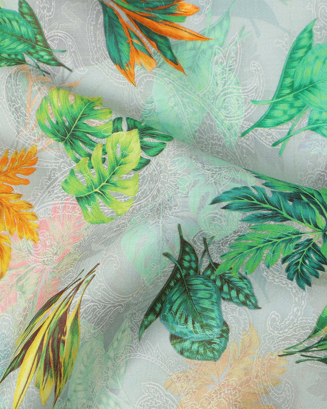 Mint Green Tropical Leaf Printed Cotton Satin Fabric 110 Cms Width India-D27822 - Regal Fabrics