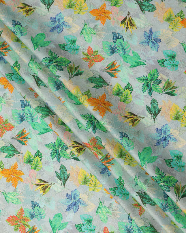 Mint Green Tropical Leaf Printed Cotton Satin Fabric 110 Cms Width India-D27822 - Regal Fabrics