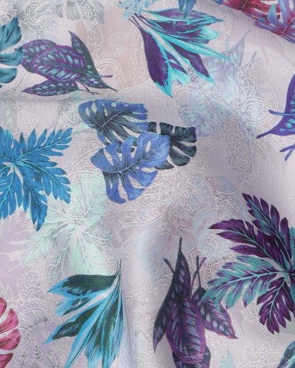 Ivory Multicolor Tropical Leaf Printed Cotton Satin Fabric 110 Cms Width India-D27824 - Regal Fabrics