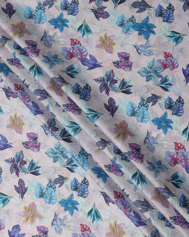 Ivory Multicolor Tropical Leaf Printed Cotton Satin Fabric 110 Cms Width India-D27824 - Regal Fabrics