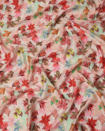 Peach Pink Tropical Leaf Printed Cotton Satin Fabric 110 Cms Width India-D27823 - Regal Fabrics