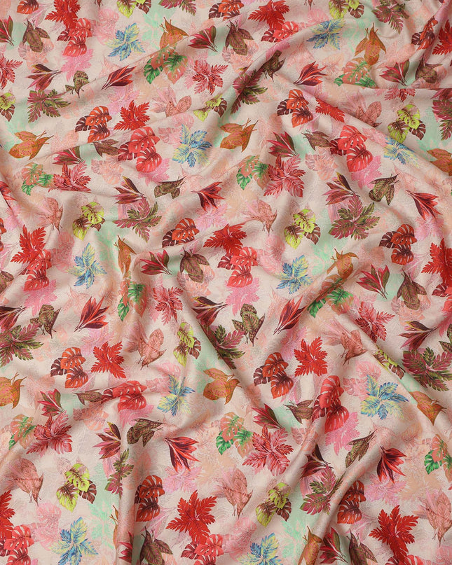 Peach Pink Tropical Leaf Printed Cotton Satin Fabric 110 Cms Width India-D27823 - Regal Fabrics