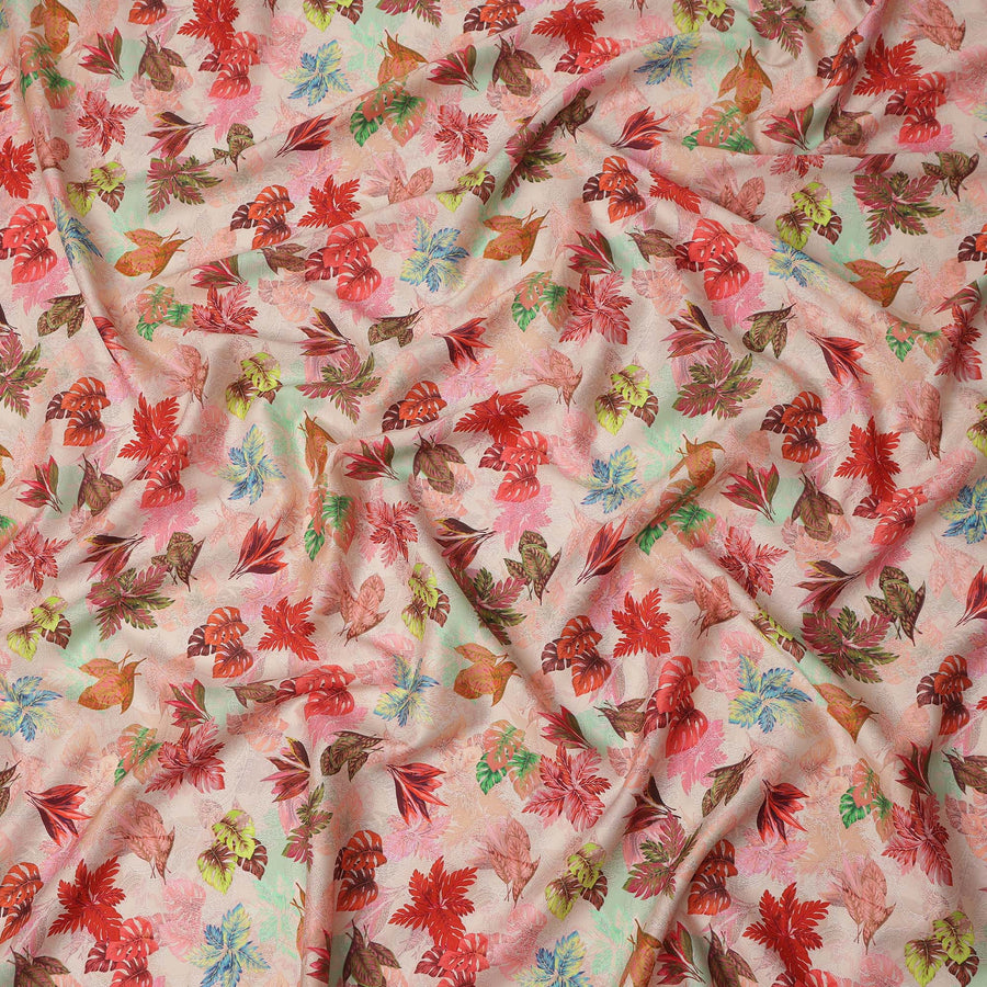 Peach Pink Tropical Leaf Printed Cotton Satin Fabric 110 Cms Width India-D27823 - Regal Fabrics